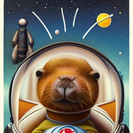 Image similar to beautiful detailed and adorable portrait of a capybara astronaut in a spacesuit by casey weldon by mark ryden by thomas blackshear, super cute, new contemporary, pop surrealism, oil painting