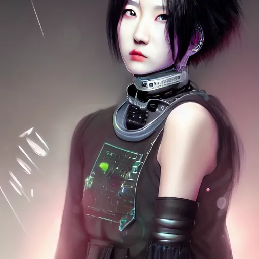 Image similar to detailed realistic korean female character cyberpunk, realistic, art, beautiful, 4K, artstation, detailed, female, woman, choker, cyberpunk, neon, punk, collar, choker, collar around neck, thick collar, tight around neck, punk, looking straight forward, symmetrical eyes, beautiful eyes, realistic eyes