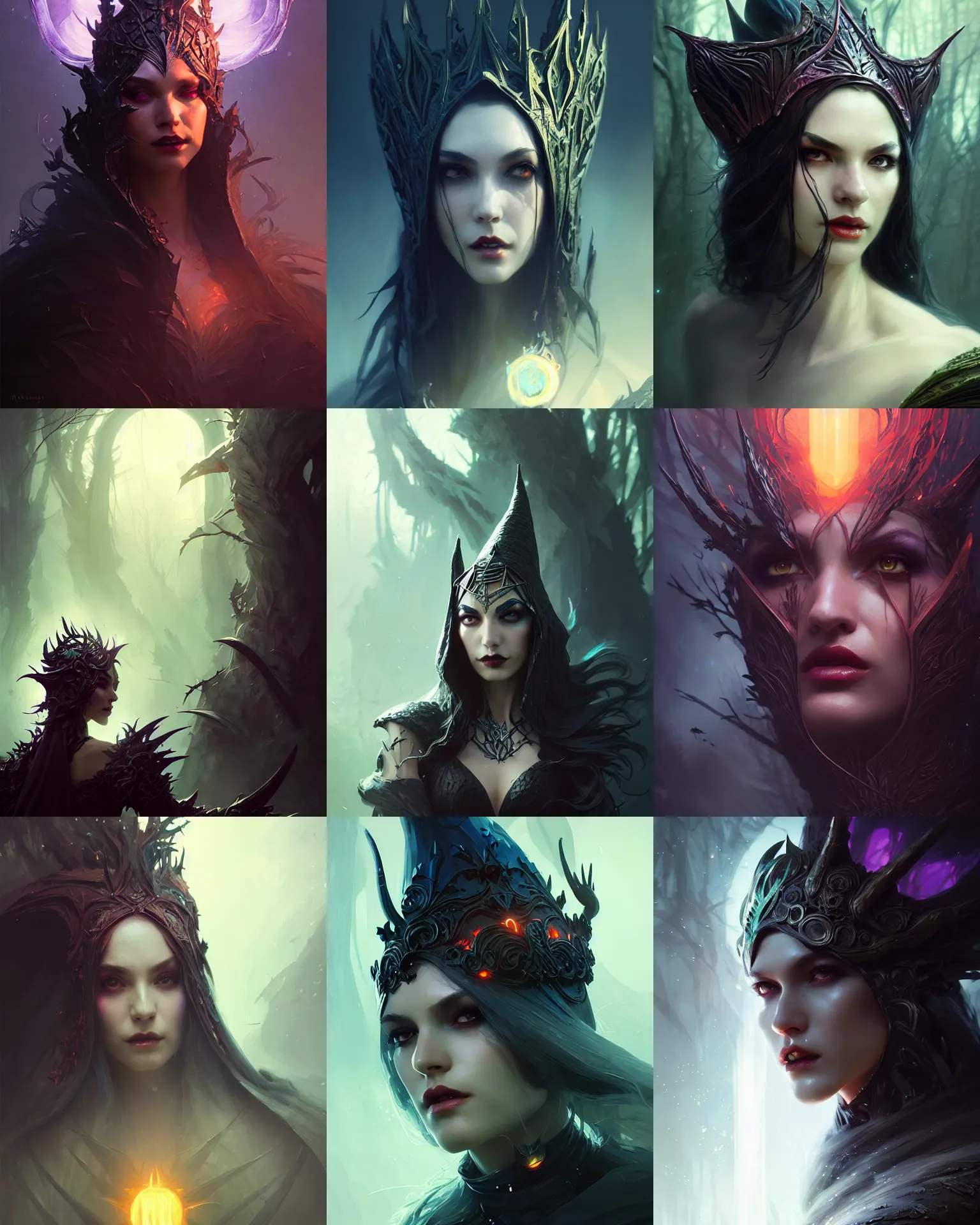 Prompt: large head piece, hot attractive super villain evil sorceress witch, fantasy forest landscape, fantasy magic, dark, intricate, elegant, sharp focus, illustration, highly detailed, digital painting, lens flare, bloom, concept art, matte, art by ruan jia and wlop and greg rutkowski, masterpiece