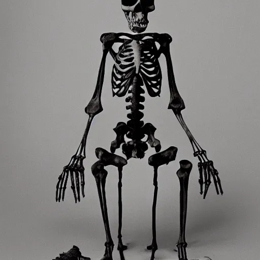 Prompt: an old skeletal figure sitting upon a throne