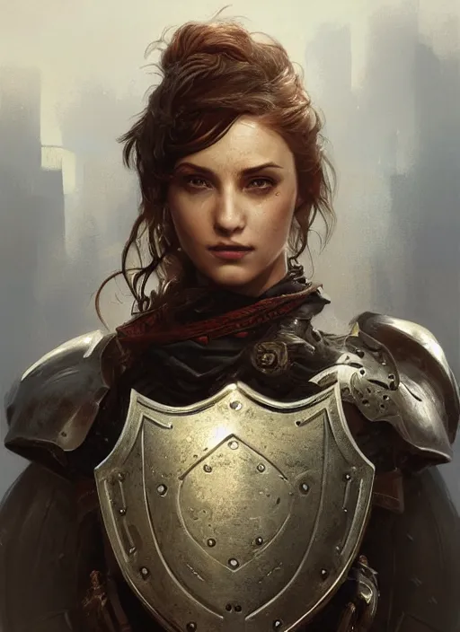 Image similar to portrait of a rugged female as a bruised knight with a shield and armor, fantasy, intricate, headshot, highly detailed, digital painting, artstation, concept art, sharp focus, cinematic lighting, illustration, art by artgerm and greg rutkowski, alphonse mucha, cgsociety