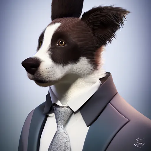 Prompt: a portrait of a cute male anthro border collie wearing a suit. fursona commission on furaffinity, disney, detailed, soft lighting, rendered in octane, furry