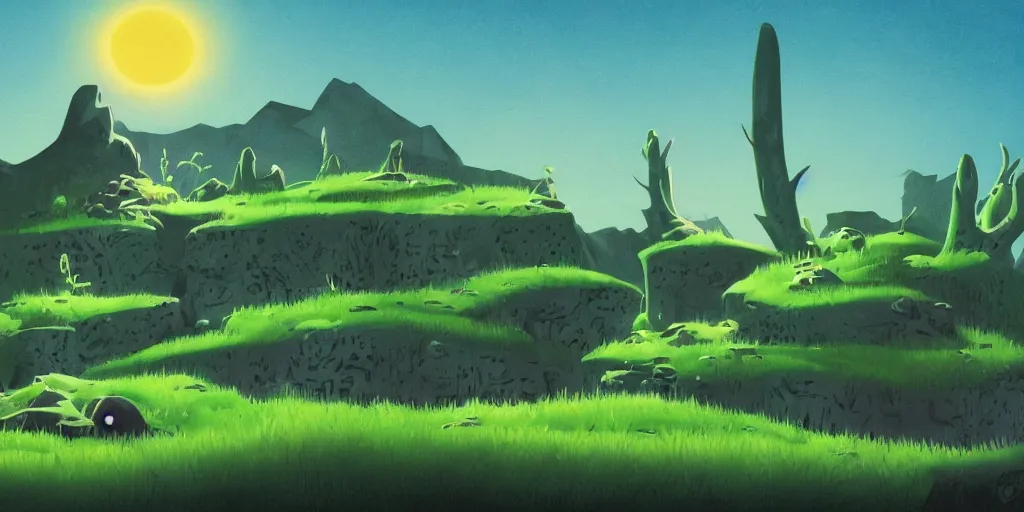Prompt: chubby cartoon concept art, grass mountain night landscape, from sam and max, black blue green