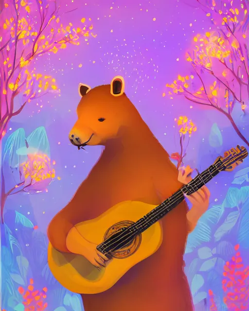 Image similar to Capybara playing Guitar in magical forest, portrait, wearing flower crown, magical notes, flowers, flower dress, birds, fairy atmosphere, magic the gathering artwork, D&D, fantasy, cinematic lighting, centered, symmetrical, highly detailed, digital painting, artstation, concept art, smooth, sharp focus, illustration, volumetric lighting, epic Composition, 8k, art by Akihiko Yoshida and Greg Rutkowski and Craig Mullins, oil painting, cgsociety