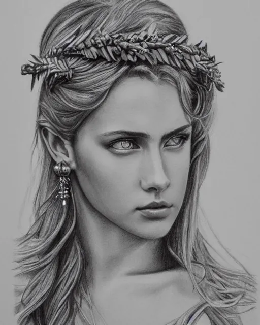 Prompt: long shot realism pencil drawing of a beautiful greek goddess aphrodite wearing a laurel wreath and arrowhead earrings, beautiful confident eyes, beautiful flowing hair, hyper realistic face, in the style of artgerm, fantasy, amazing detail, epic, elegant, smooth, sharp focus, from the front