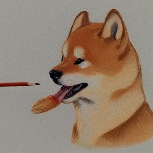 Image similar to pencil sketch of a shiba inu smoking a cigarette, sad expression