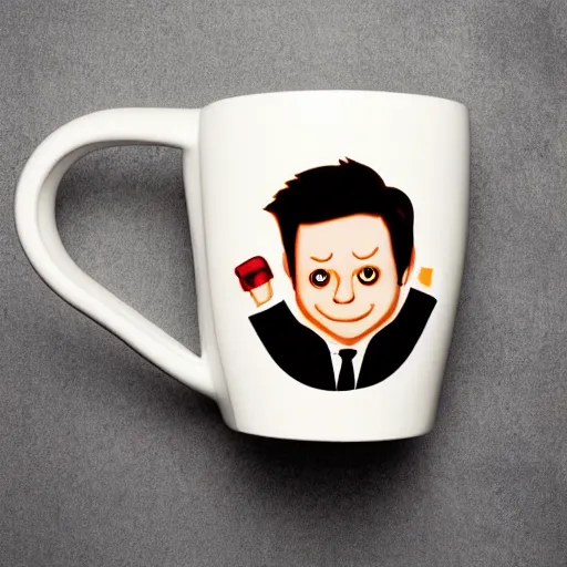 Image similar to Michael J Fox drinking holding mug with a poop emoji