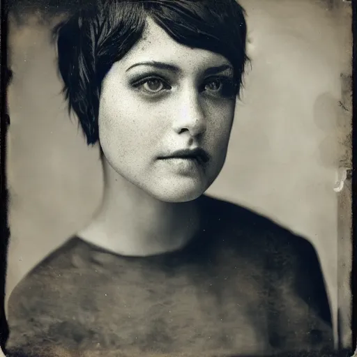 Image similar to unconventionally attractive young woman with short hair, wet plate photography, facial closeup, studio lights, collodion, daugerrotype