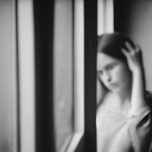 Prompt: black and white photograph portrait of a depressed woman standing by the window, natural light, lomo, film grain, soft vignette, sigma 85mm f/1.4 1/10 sec shutter