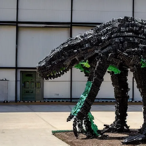 Image similar to photograph of a tyrannosaurus made of tires, recycled tire sculpture