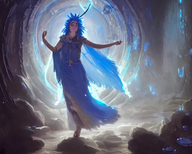 Image similar to blue haired female god casting a spell using sigils, flowing robes, cave with glowing crystals, fantasy, dramatic lighting, detailed painting, greg rutkowski, 8 k,