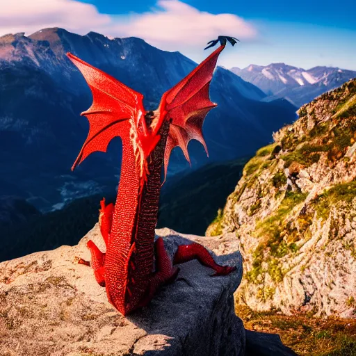 Prompt: A dragon sitting on a mountain, 4K photograph, natural lighting