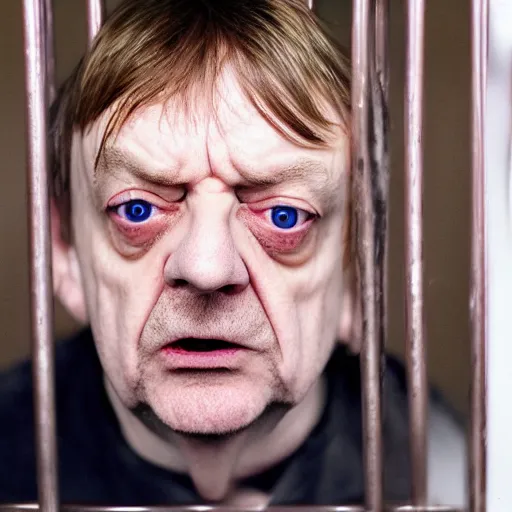 Image similar to mark e smith in a cage at the pet store, he is for sale, 4 k