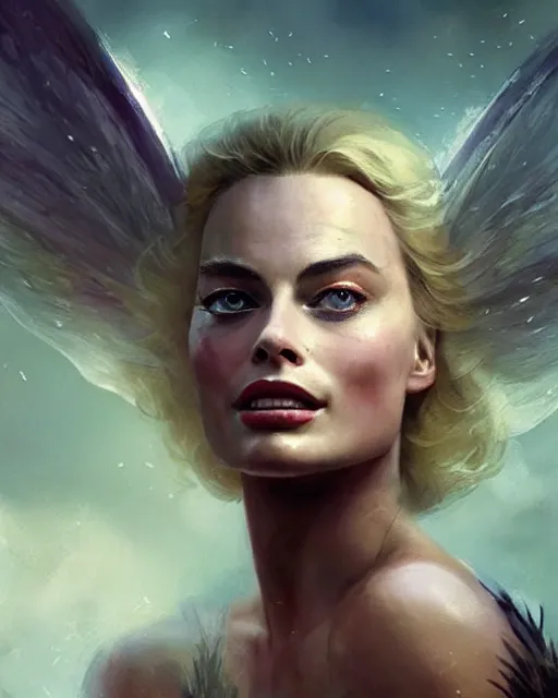 Image similar to margot robbie as a fairy with wings, hyper realistic face, beautiful eyes, fantasy art, in the style of greg rutkowski