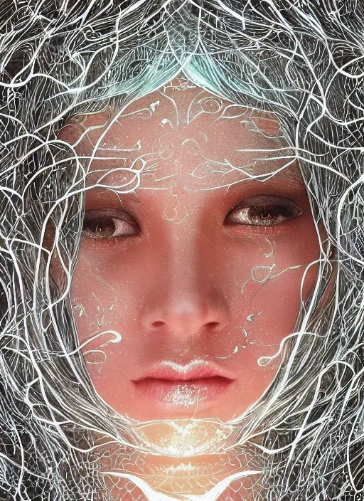 Image similar to glowing silver and golden elements, full close-up portrait, vector dark witch from unsplash, book cover, green forest, white moon, red lips, establishing shot, extremly high detail, photo-realistic, cinematic lighting, pen and ink, intricate line drawings, by Yoshitaka Amano, Ruan Jia, Kentaro Miura, Artgerm, post processed, concept art, artstation, matte painting, style by eddie mendoza, raphael lacoste, alex ross