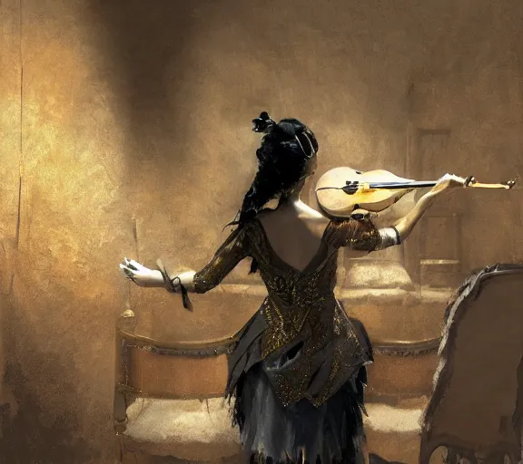 Image similar to craig mullins and ghibli digital art of on the stage of the theater, a masked female violinist performs alone, dressed in exotic costumes, gold jewelry, and black hair realistic shading, cinematic composition, realistic render, octane render, detailed textures, photorealistic, wide shot