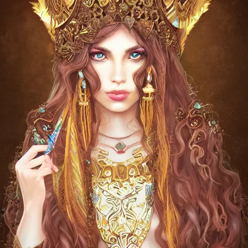 Image similar to A beautiful detailed portrait of a young beautiful female fantasy sorceress with fair skin and long dark brown hair dressed in ornate magical clothing by Kirbi Fagan, trending on artstation