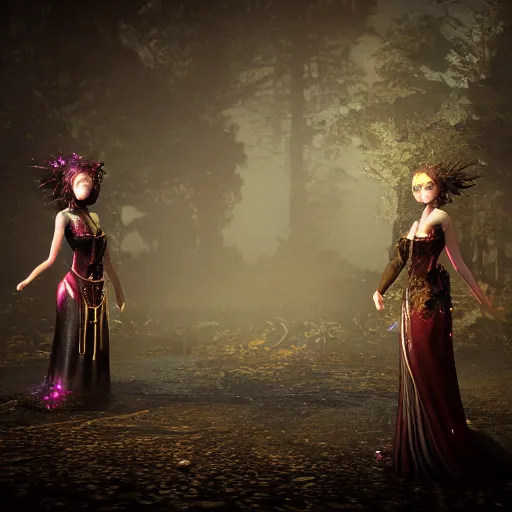 Image similar to A portrait of two Gothic goddesses of fire jewels in an empty land, dark and mysterious, volumetric lighting, lively atmospheric, cinematic, 8k, 4k, ultra detail, ultra-realistic, rendered by DeviantArt