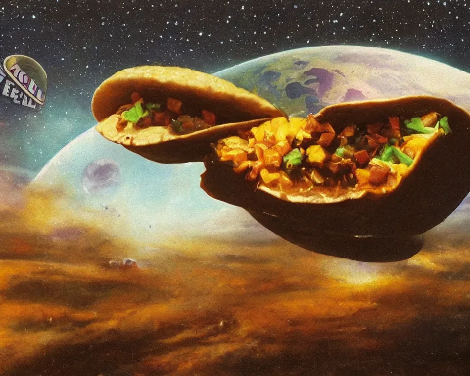 Image similar to an achingly beautiful oil painting of a derelict Taco Bell orbiting planet earth by Raphael and Hopper.