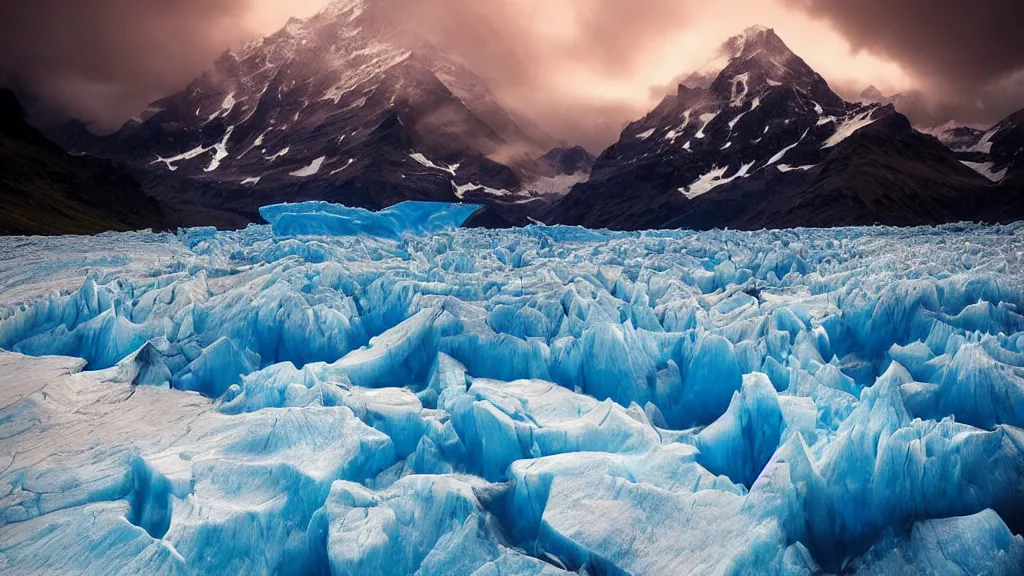 Image similar to amazing landscape photo of a glacier by marc adamus, beautiful dramatic lighting