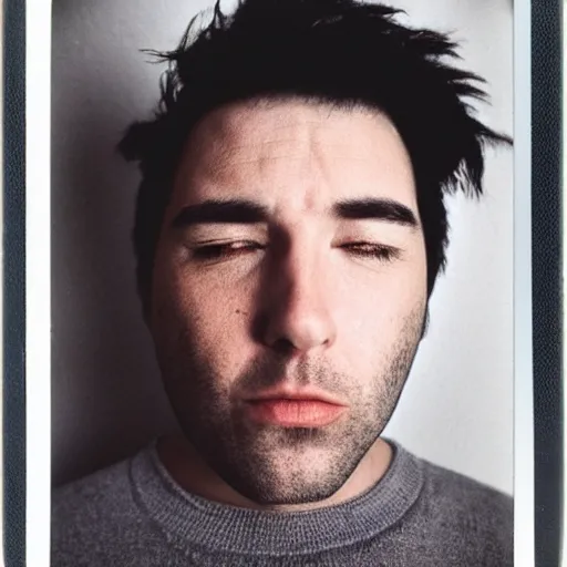 Image similar to a professional polaroid portrait fine art photo of a man with an asymmetrical face with his eyes closed. the man has black hair, light freckled skin and a look of confusion on his face. extremely high fidelity. key light.