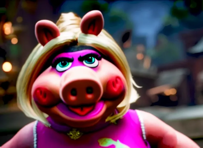 Prompt: miss piggy in mortal kombat 1 1, ps 5 cinematic screen capture, 4 k