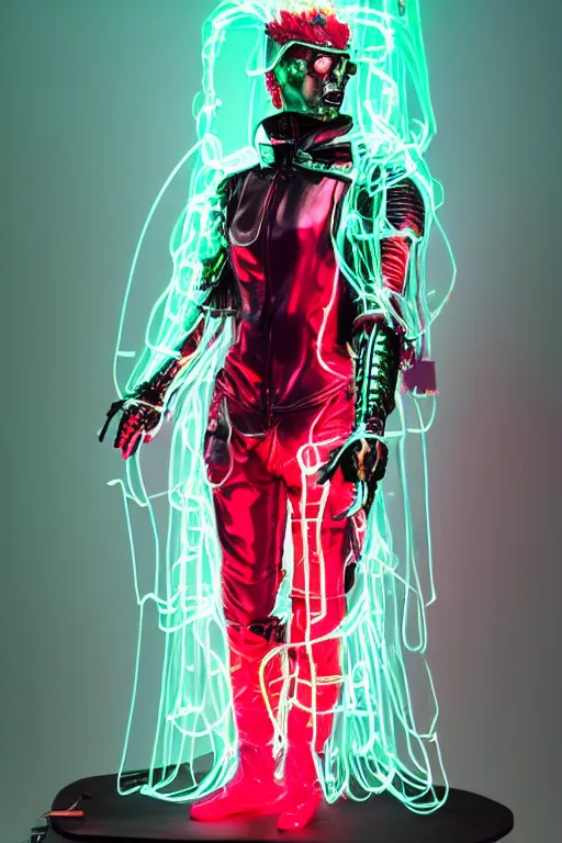 Image similar to full-body rococo and cyberpunk style mint neon and ceramic statue of a muscular attractive Spanish android god humanoid wearing a thing see-through plastic cloak sim roupa, posing like a super hero, suspended to the wall thick clear cables around his wrists, glowing mint face, crown of red steampunk lasers, emeralds, swirling silver silk fabric. futuristic elements. oozing glowing liquid, full-length view. space robots. human skulls. throne made of bones, intricate artwork by caravaggio. Trending on artstation, octane render, cinematic lighting from the right, hyper realism, octane render, 8k, depth of field, 3D