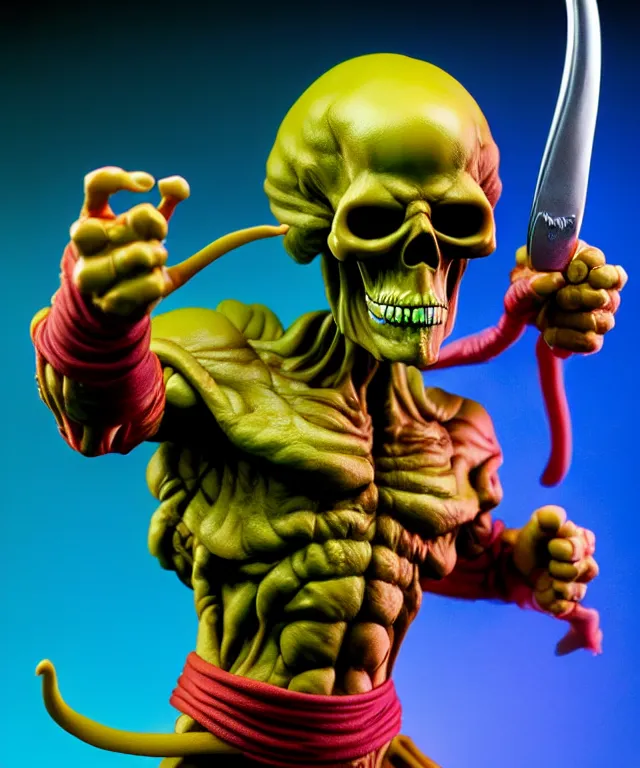 Image similar to hyperrealistic rendering, skeletor, by art of skinner and richard corben and jeff easley, product photography, action figure, sofubi, studio lighting, colored gels