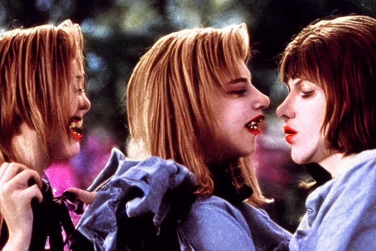 Image similar to film still of two vampires kiss, from john hughes coming - of - age high school comedy about lgbtq vampires in high school