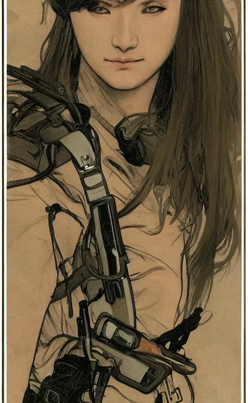 Image similar to portrait of a female soldier, in smoke and dirt, trading card front, anime style, hair down, symmetrical facial features, symmetrical body features, hyper realistic, pale skin, 4k, rule of thirds, extreme detail, detailed drawing, trending artstation, hd, fantasy, D&D, realistic lighting, by Alphonse Mucha, Greg Rutkowski, sharp focus, backlit, military carrier plates