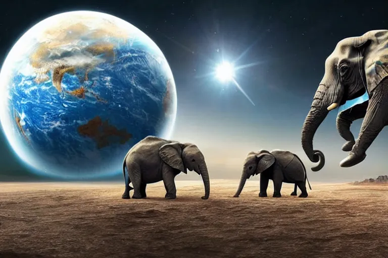 Image similar to still fullbody photo of sad albert einstein in spacesuit, giant flat earth on elephants and turtle at background, highly detailed, photorealistic shot, bright studio setting, studio lighting, crisp quality and light reflections, unreal engine 5 quality render