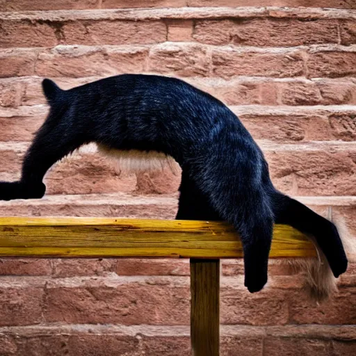 Image similar to highly detailed anthropomorphic chubby black cat doing yoga poses on long and thin scratchpost