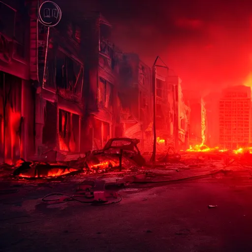 Prompt: the strenght of a horrifying fire in a destroyed dystopian city in neon red colors, very hyperrealistic picture, 4k