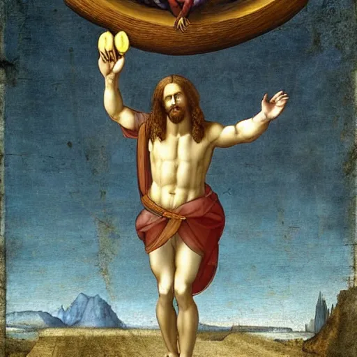 Image similar to jesus lifting a banana up into the air, digital art, emotional and powerful pose, by leonardo da vinci