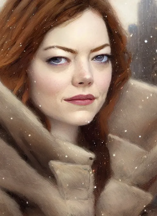 Image similar to emma stone in beige coat, close up, winter new york, snow, artwork by gaston bussiere, craig mullins, trending on artstation