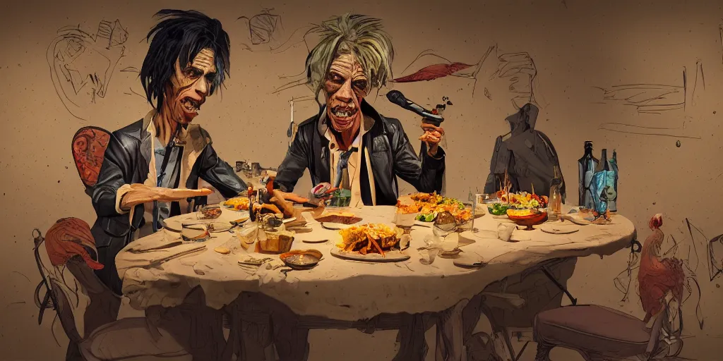 Prompt: cartoonish iggy pop having dinner with tom waits, vivid colors, character sheet, fine details, concept design, contrast, kim jung gi, greg rutkowski, trending on artstation, 8 k, full body, turnaround, front view, back view, ultra wide angle