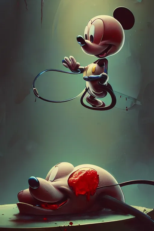 Image similar to mickey mouse open bloody head being repaired by mechanics, made by beeple, greg rutkowski,, alphonse mucha. cgsociety, unreal engine, octane render, highly detailed 4 k art, smooth, sharp focus, cinematic lighting, volumetric lighting, artstation,