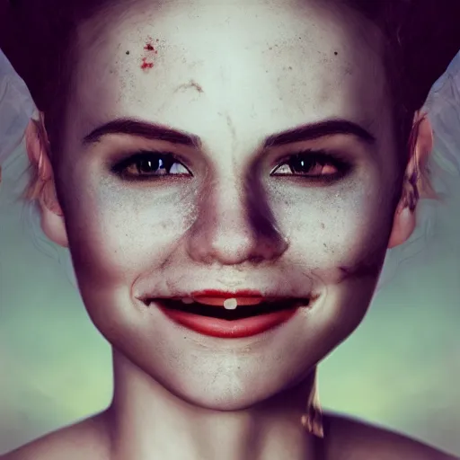 Image similar to cinematic shot of a vampire young woman smiling, epic portrait, hyper realistic, detailed face, seduction, pretty, hyper detailed, super realistic, perfect lighting pixel sorting, style sheet