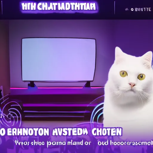 Image similar to screenshot of stream on twitch. tv, white cat wearing headphones in room