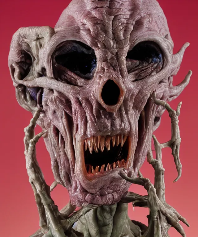 Image similar to hyperrealistic rendering, cronenberg flesh monster skeletor by art of skinner and richard corben and jeff easley, product photography, action figure, sofubi, studio lighting, colored gels