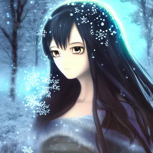 Prompt: focus face portrait of beautiful darkness knight 3D anime girl, ice amor wearing, dark forest background, snowing, bokeh, inspired by Masami Kurumada, digital painting, high contrast, unreal engine render, volumetric lighting, high détail
