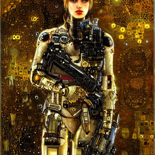 Prompt: cybernetic female supersoldier armed with laser rifle, intricate detail, klimt, royo, whealan,