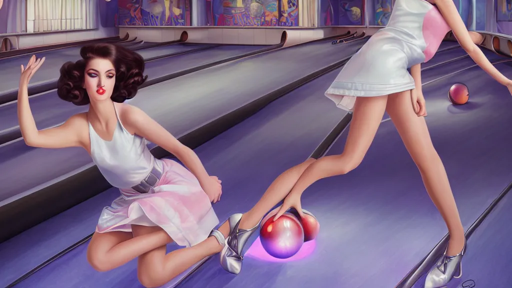 Image similar to art deco bowling alley, cute girl bowling, photo, ultra detail, photoreal, professionally retouched, soft moonlight lighting, shiny plastic miniskirt, realistic, smooth face, goddess, luscious lips, perfect eyes, wide angle, sharp focus on eyes, 8 k high definition, insanely detailed, intricate, elegant, art by artgerm and wlop