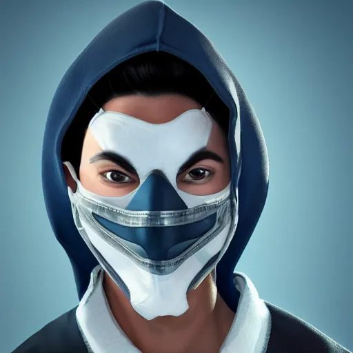 Image similar to a highly detailed, portrait of a man with black hair with a black medical mask, in a hood in the form of a blue shark with white teeth, artstation, DeviantArt, professional, octane render, digital art