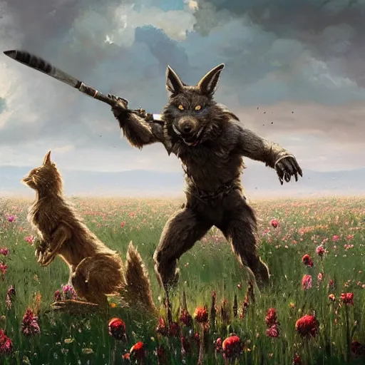 Image similar to A werewolf fighting a bunny barbarian in a field of flowers. WWII planes fly overhead, Academic painting by Greg Rutkowski, Mobile still frame. 4K UHD