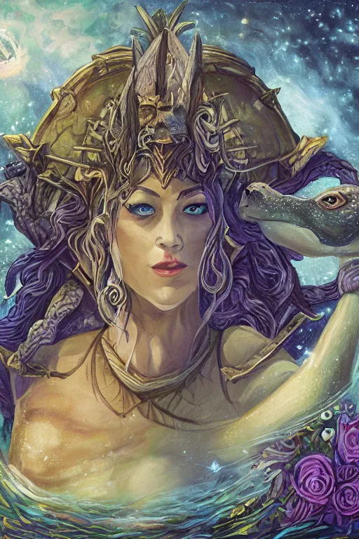 Image similar to A fantasy book style portrait painting of the Great Turtle Island at the center of the Universe, accompanied by a hybrid of, Anya_Taylor-Joy, Cory Chase, as a Mystical Valkyrie, Anubis-Reptilian, Atlantean Warrior, Cozy, hotspring hidden in a Cave, candlelight, towels, cushions, natural light, lush plants and flowers, elegant, smooth cave rock, fantasy, atmospheric lighting, digital painting, François Boucher, Oil Painting, Crisp clear resolution, unreal 5, DAZ, hyperrealistic, octane render, Regal, Refined, Detailed Digital Art, RPG portrait, William-Adolphe Bouguereau, Michael Cheval, Walt Disney (1937), Steampunk, Volumetric Golden dappled dynamic lighting, Highly Detailed, Cinematic Lighting, Unreal Engine, 8k, HD