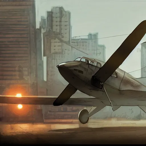 Prompt: landing strip with vintage passenger plane, cell shaded, borderlands concept art, misty, cityscape in the foggy background, movie scene, epic cohen brother still, in the style of ashley wood, ian mcque, global illumination