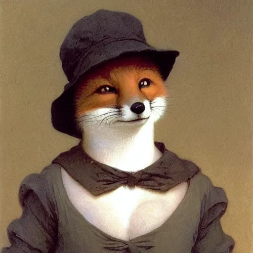 Prompt: A cute fox smiling and wearing a hat, by Robert Cleminson and William-Adolphe Bouguereau