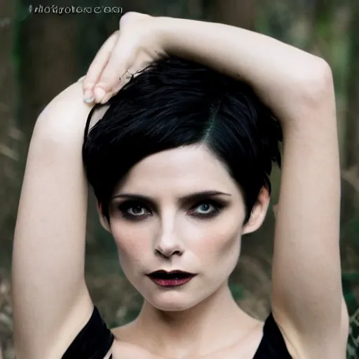 Prompt: Alice Cullen, pale skin, short black pixie cut hair, symmetrical face, black dress, dramatic lighting, twilight, sharp focus, smooth, Ashley Greene, forest, magical, orange mist