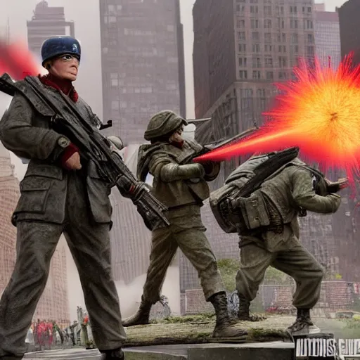 Image similar to The war between the Soviet Union and America, the action takes place in New York, far away against the background of the Statue of Liberty, a lot of soldiers and military equipment, a lot of explosions and tracer bullets, a lot of ruins, a very epic battle, The style of photography of the 80s, very detailed and detailed style